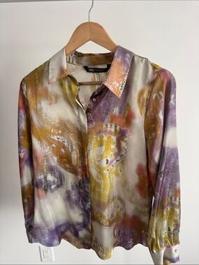 Zara Multicolor Satin Button-Down Shirt in Purple, Yellow, Cream
